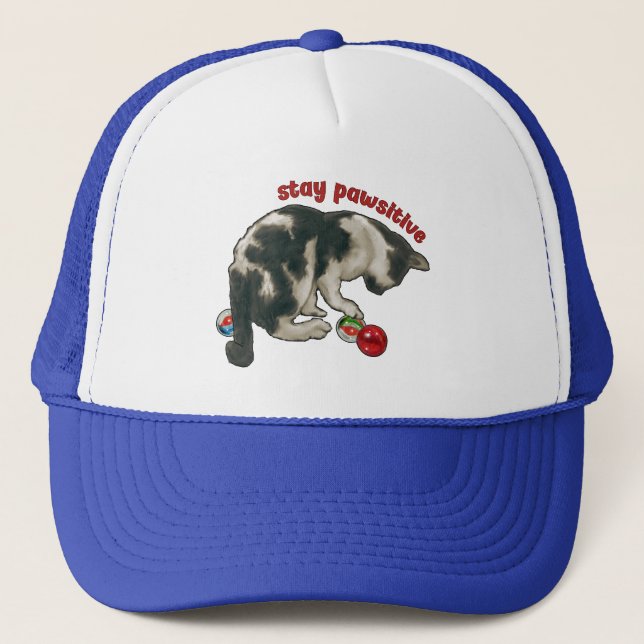 Gorra De Camionero Cat Playing with MARBLES, Stay Pawsitive, Pun (Anverso)