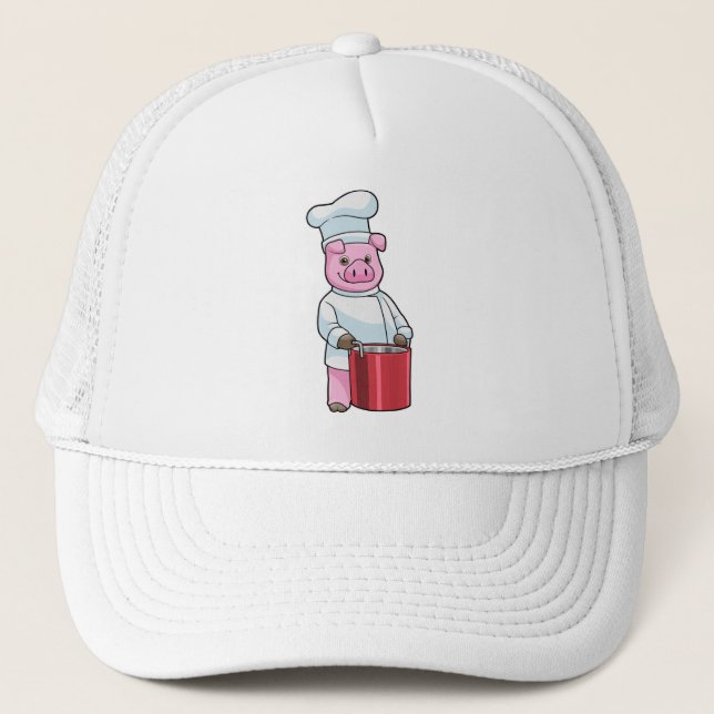 Gorra De Camionero Cerdo como cocinero con olla de cocina (Anverso)