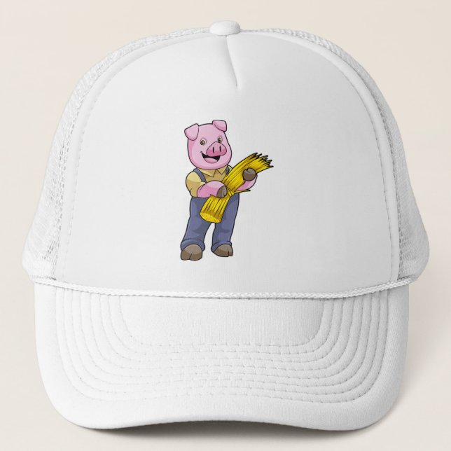 Gorra De Camionero Cerdo como granjero con paja (Anverso)