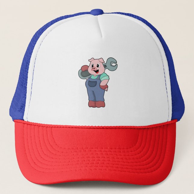 Gorra De Camionero Cerdo como mecánico con llave (Anverso)