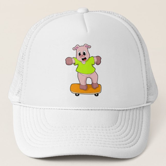Gorra De Camionero Cerdo como patinador en Skateboard (Anverso)