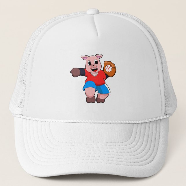 Gorra De Camionero Cerdo en Béisbol con guante de béisbol (Anverso)