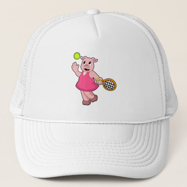 Gorra De Camionero Cerdo en tenis con raqueta de tenis (Anverso)