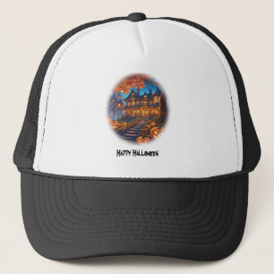 Gorra De Camionero Chalet fantasmal en el bosque, calabazas, Hallowee