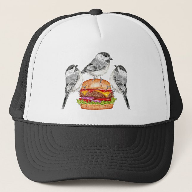 Gorra De Camionero Cheeseburger Bird Trio Tahoe Mountain Chickadees (Anverso)