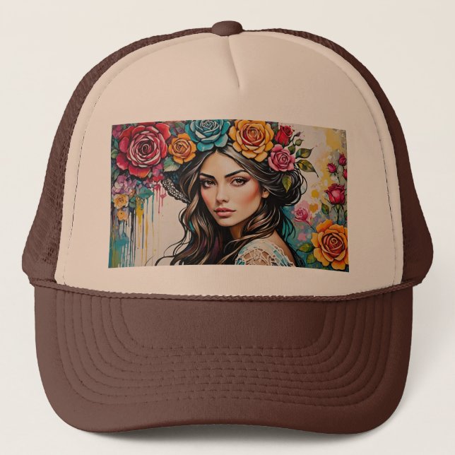 Gorra De Camionero Chica con Rosas y golpecitos Floral (Anverso)