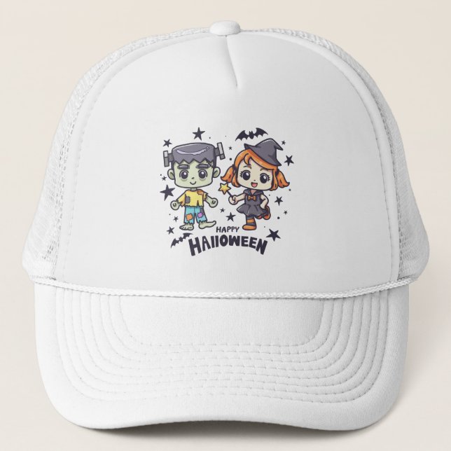 Gorra De Camionero Chica de brujas y niño zombi travieso (Anverso)