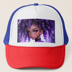 Gorra De Camionero Chica de galaxia púrpura con pelo rizado