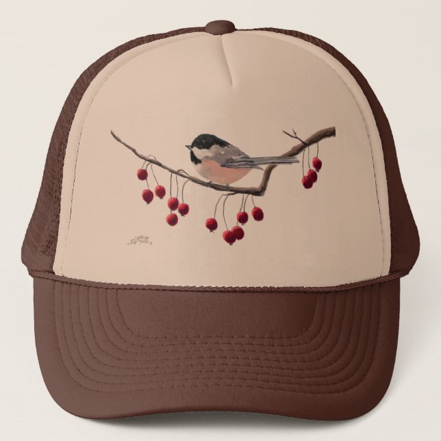 Gorra De Camionero CHICKADEE & RED BERRIES por SHARON SHARPE (Anverso)