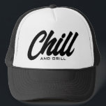 Gorra De Camionero Chill and grill funny BBQ party trucker hat<br><div class="desc">Chill and grill funny BBQ party trucker hat. Custom black and white baseball cap for summer, beach, casual wear, sports, travel, golf and more. Stylish hand lettering design for men and women. Available in other cool colors too. Add your own humorous text optionally. Fun Birthday gift idea for dad, husband,...</div>
