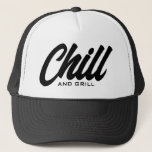Gorra De Camionero Chill and grill funny BBQ party trucker hat<br><div class="desc">Chill and grill funny BBQ party trucker hat. Custom black and white baseball cap for summer, beach, casual wear, sports, travel, golf and more. Stylish hand lettering design for men and women. Available in other cool colors too. Add your own humorous text optionally. Fun Birthday gift idea for dad, husband,...</div>