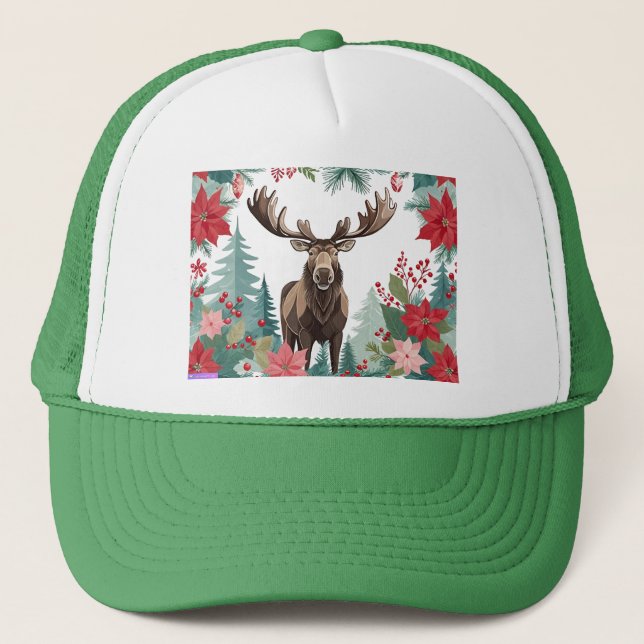 Gorra De Camionero Christmas Moose And Poinsettias (Anverso)
