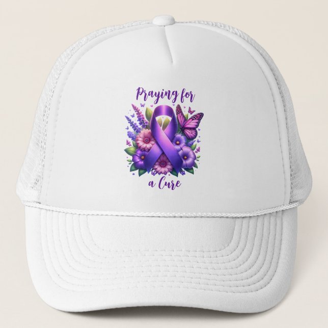 Gorra De Camionero Cinta de conciencia púrpura | Rezar por una cura (Anverso)