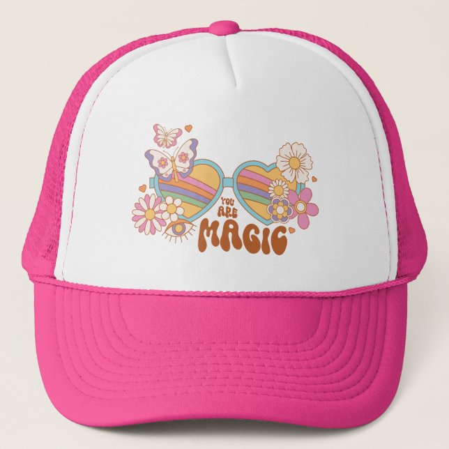Gorra De Camionero Cita retro de margarita, arcoiris y mariposas (Anverso)