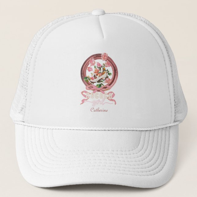 Gorra De Camionero Clásico Cuadro Rosa Rococó Zapatos y Rosas Nombre (Anverso)