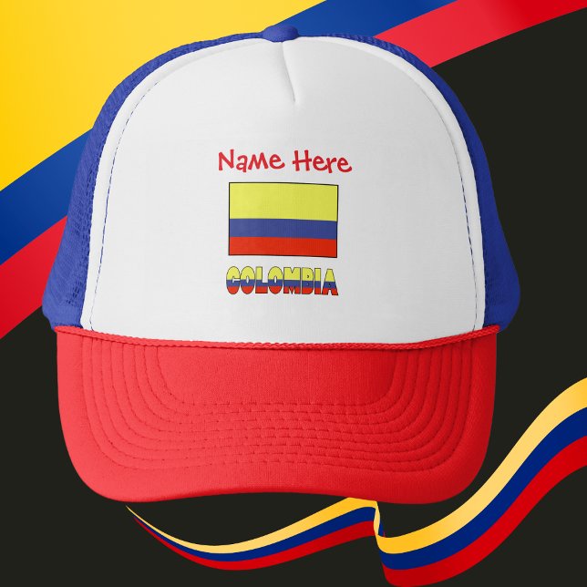 Gorra De Camionero Colombia Colombian Flag Red Personalized  (Personalized trucker hat with Colombian flag and the word COLOMBIA below.)