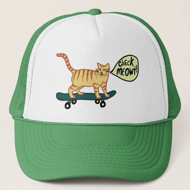 Gorra De Camionero Comprobar Meowt Punny Skateboarding Cat (Anverso)