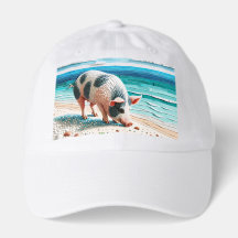 Gorra de camionero con cerdito en la playa