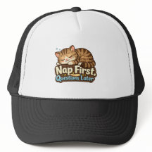 Gorra de camionero con gato durmiendo y preguntas