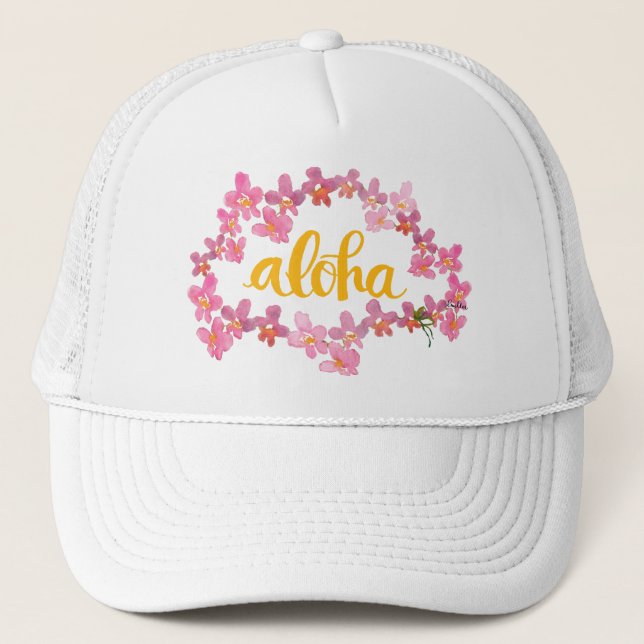Gorra de camionero con Lei de orquídea Aloha (Anverso)