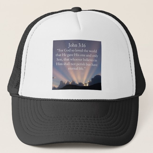 Gorra de camionero con versículo bíblico Juan 3:16 (Anverso)
