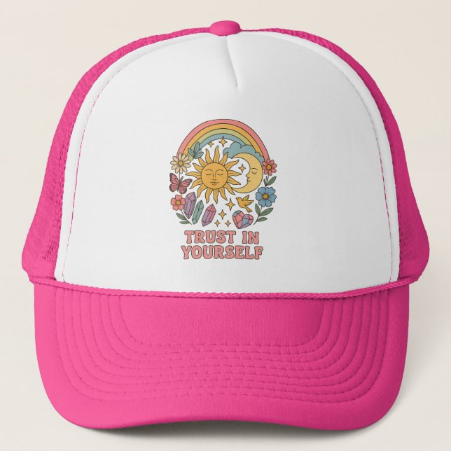 Gorra De Camionero Confianza en usted mismo - Sol psicodélico retro y (Anverso)