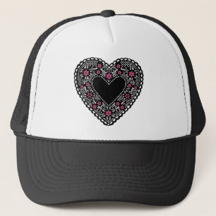 Gorra De Camionero Corazón de encaje negro y rosa