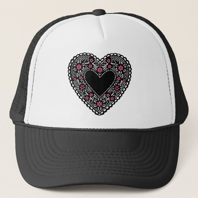 Gorra De Camionero Corazón de encaje negro y rosa (Anverso)