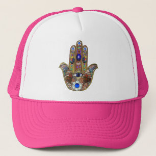 Gorra De Camionero Corazones de Hamsa Flores Ópalo Arte en Oro