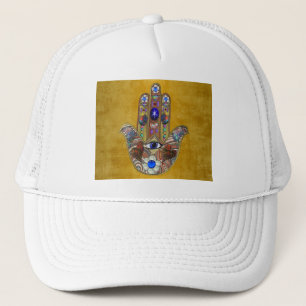Gorra De Camionero Corazones de Hamsa Flores Ópalo Arte en Oro
