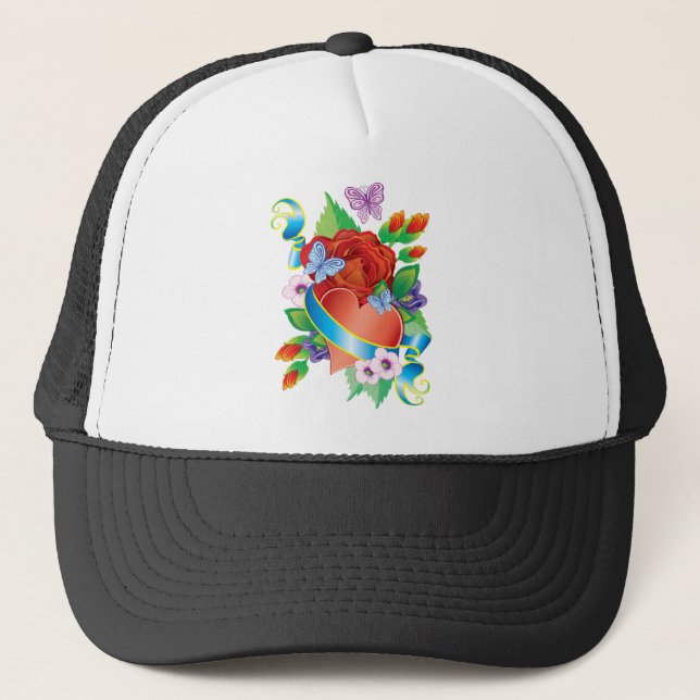 Gorra De Camionero Corazones de tatuaje Rosa (Anverso)