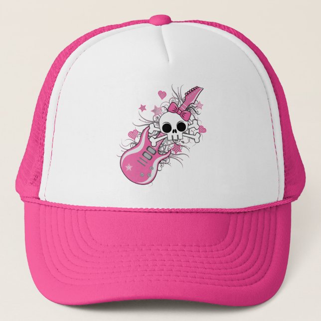 Gorra De Camionero Cráneo lindo con guitarra rosa (Anverso)