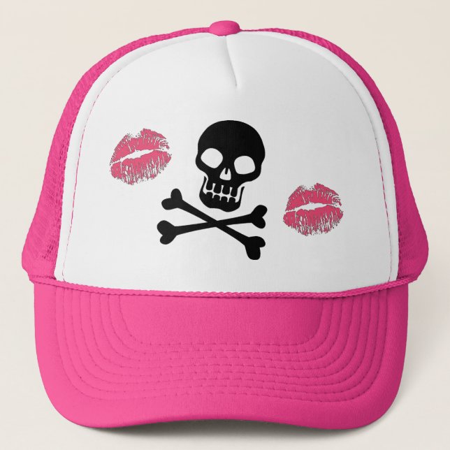 Gorra De Camionero Cráneos y besos del rosa (Anverso)