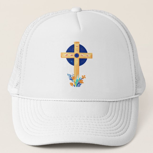 Gorra De Camionero Cruz cristiana con flores (Anverso)