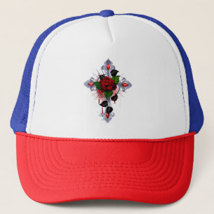 Gorra De Camionero Cruz de Plata con una Rosa Roja