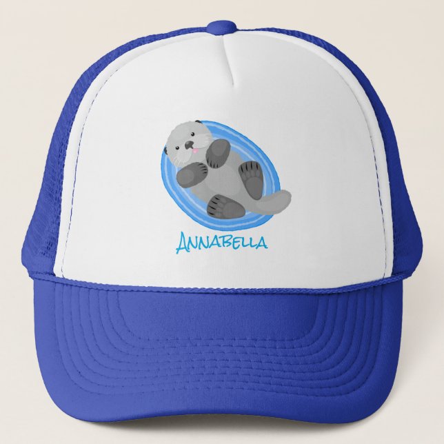 Gorra De Camionero Cuidada y feliz nutria azul personalizado ilustrac (Anverso)