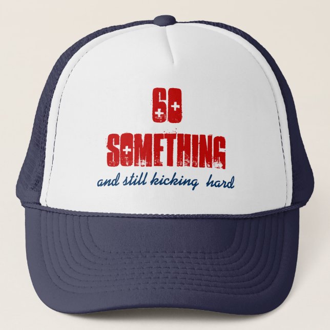 Gorra De Camionero Cumpleaños 60 de la diversión algo rojo azul (Anverso)