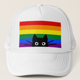 Gorra De Camionero Curioso gato negro que mira con bandera arcoiris