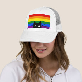 Gorra De Camionero Curioso gato negro que mira con bandera arcoiris