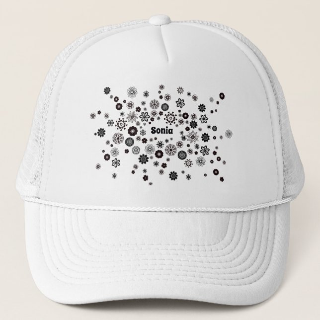Gorra De Camionero Customizable Name Black and White Floral Pattern (Anverso)