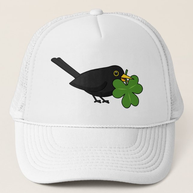 Gorra De Camionero Cute Blackbird con Shamrock Clover Personalizado (Anverso)