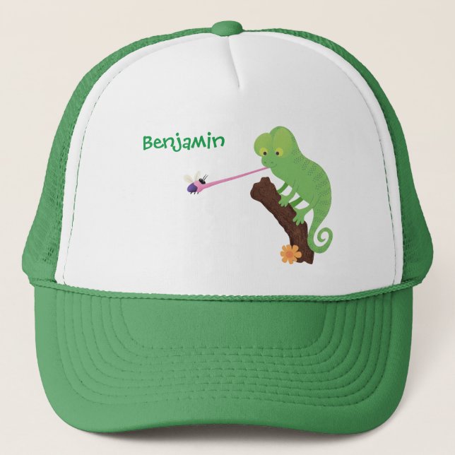 Gorra De Camionero Cute funny green happy chameleon lizard cartoon (Anverso)