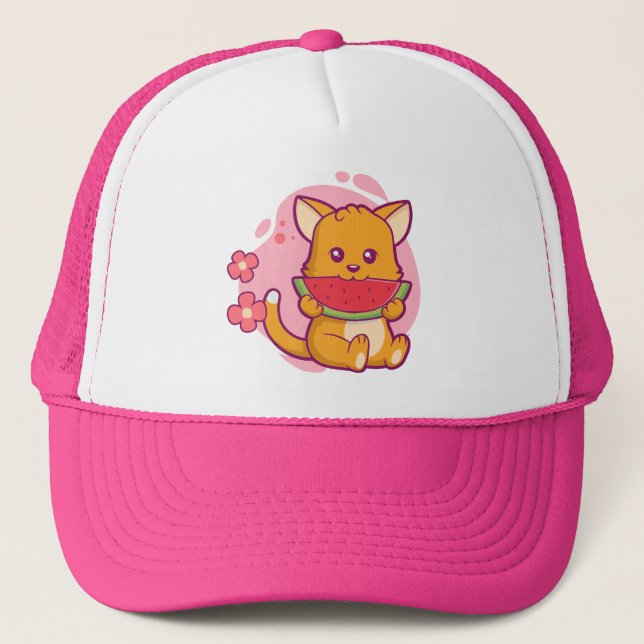 Gorra De Camionero Cute gato comiendo sandía | Kawaii (Anverso)