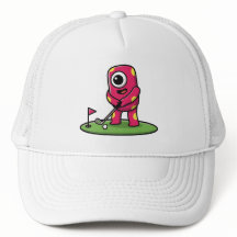 Cute One-Eyed Pink Monster Playing Golf Cartoon