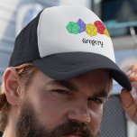 Gorra De Camionero Dados de juegos RPG, tablero, juegos de fantasía p<br><div class="desc">Este gorra tiene ilustraciones coloridos de fantasía de juego estilo dados con dados de 4 lados,  12 lados y 20 lados. Debajo del gráfico hay un punto para agregar un nombre u otro texto personalizado. Perfecto para los aficionados a diferentes juegos RPG y juegos de mesa.</div>