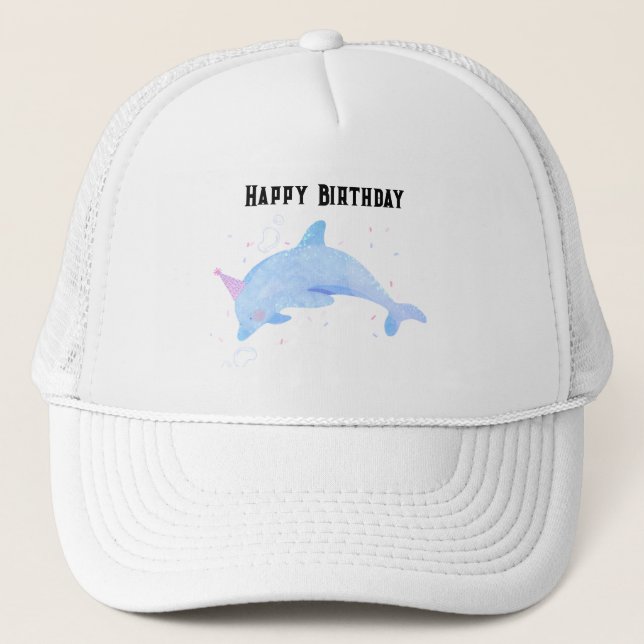 Gorra De Camionero Delfín blanco y blanco imagen feliz cumpleaños (Anverso)
