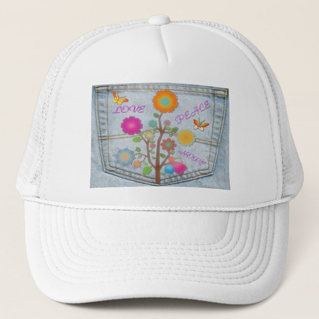 Gorra De Camionero Denim Back Pocket Flowers Peace Love Hope (Anverso)