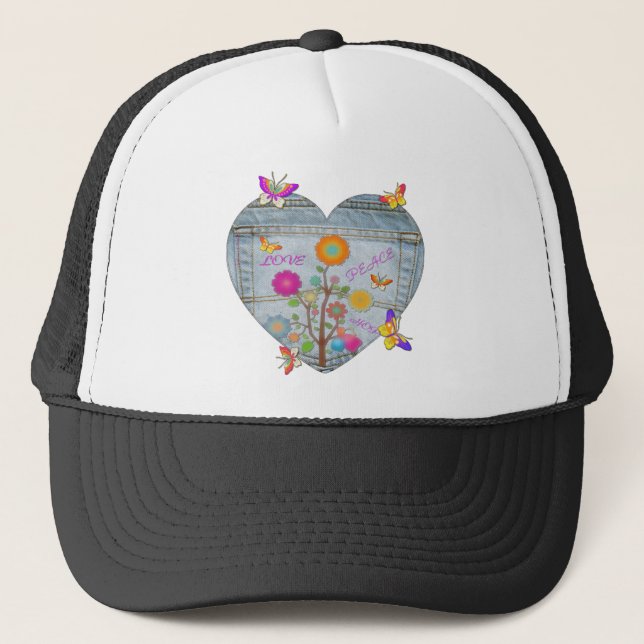 Gorra De Camionero Denim Pocket Heart Flowers Butterflies (Anverso)