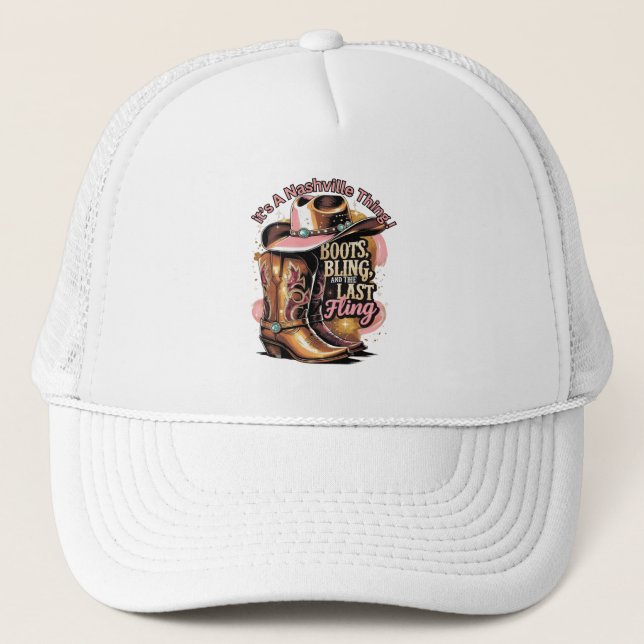 Gorra De Camionero Despedida de soltera en Nashville - Botas y brillo (Anverso)