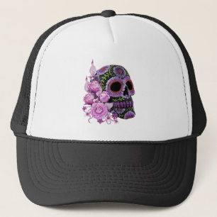 Gorra De Camionero Día De La Muerte Del Cráneo De Azúcar Negro De Flo